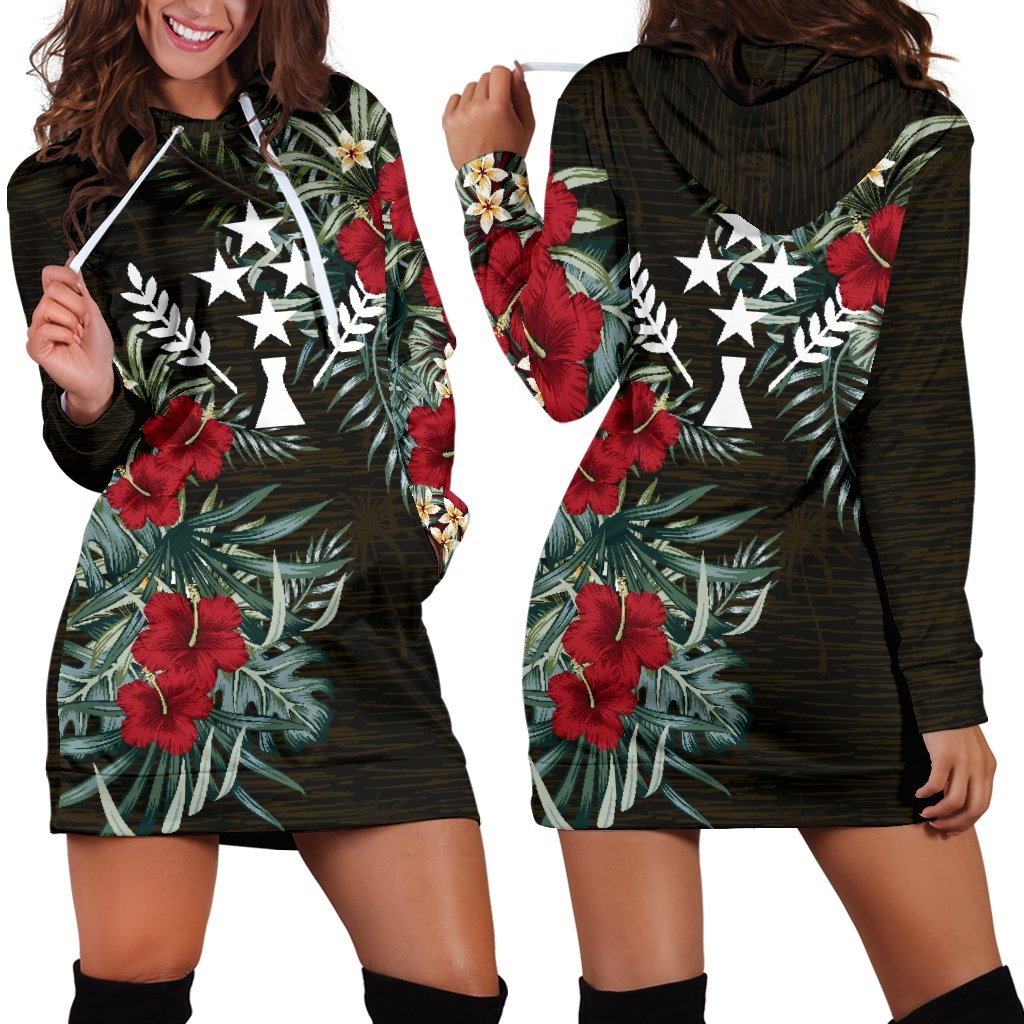 Kosrae Hoodie Dress - Kosrae Flag Hibiscus Black - Polynesian Pride