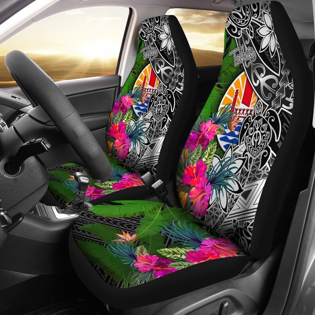 Tahiti Car Seat Covers - Turtle Plumeria Banana Leaf Universal Fit Black - Polynesian Pride