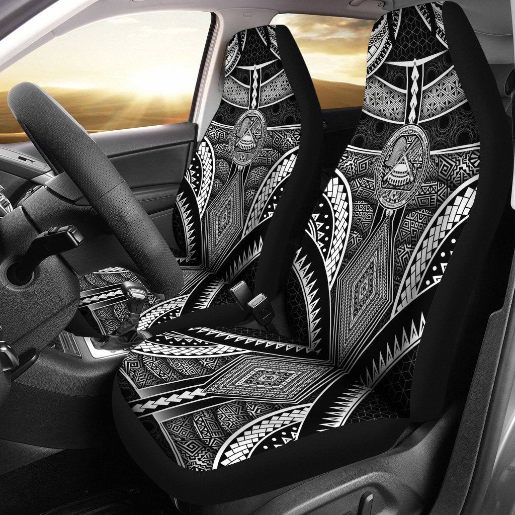 Polynesian Car Seat Covers - American Samoa Coat Of Arm With Poly Patterns Universal Fit Black - Polynesian Pride
