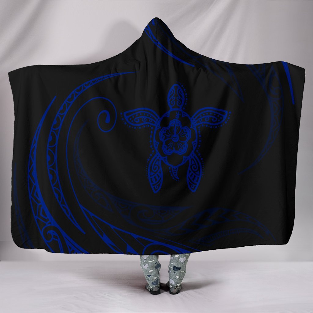 Hawaii Turtle Hibicus Hooded Blanket - Blue - Frida Style Hooded Blanket Blue - Polynesian Pride