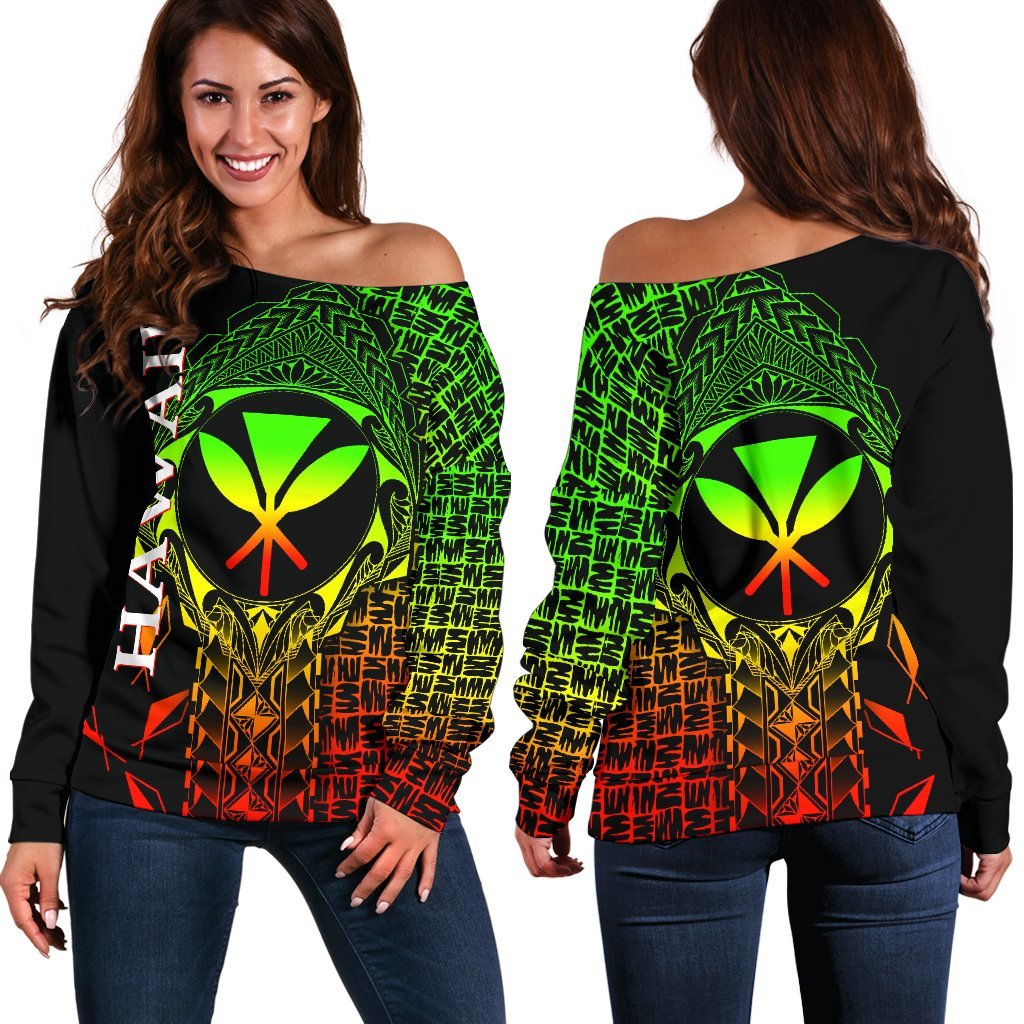 Hawaii Women's Off Shoulder Sweater - Kanaka Maoli Rocket Style (Reggae) Black - Polynesian Pride