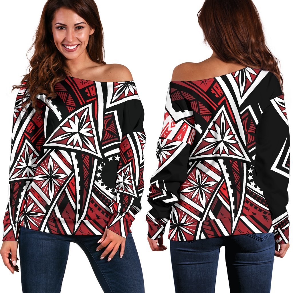 Cook Islands Women's Off Shoulder Sweaters - Tribal Flower Special Pattern Red Color Red - Polynesian Pride