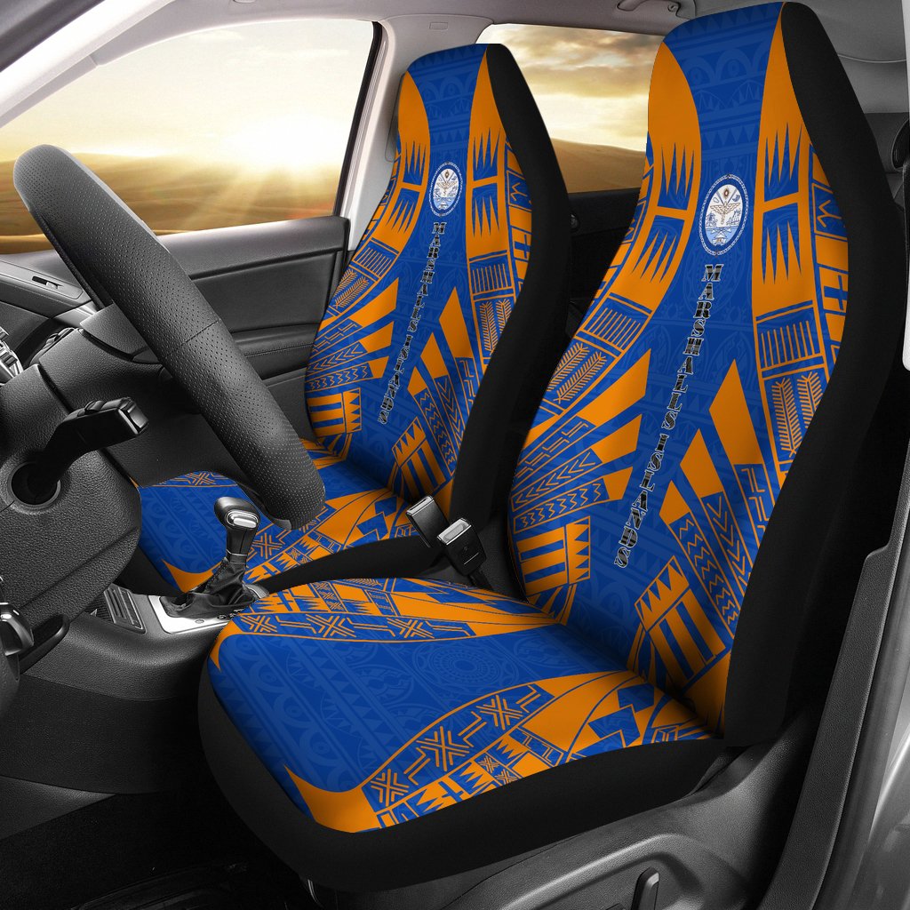 Marshall Islands Car Seat Covers - Marshall Islands Seal Polynesian Tattoo Flag Universal Fit Blue-Orange - Polynesian Pride