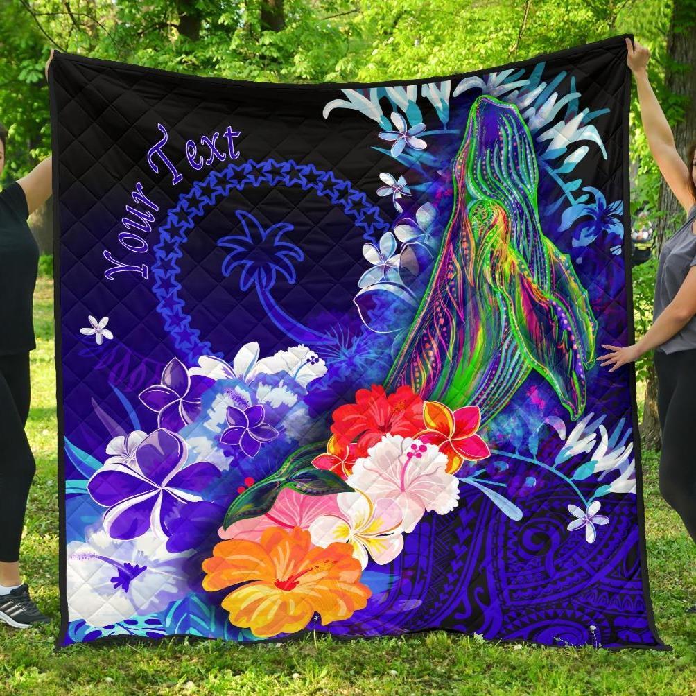 Custom Personalised Chuuk Premium Quilt - Humpback Whale with Tropical Flowers (Blue) Blue - Polynesian Pride