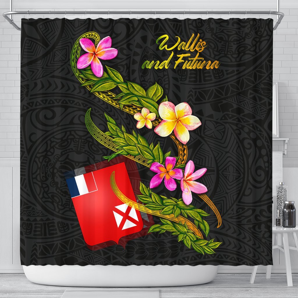 Wallis and Futuna Polynesian Shower Curtain - Plumeria Tribal 177 x 172 (cm) Black - Polynesian Pride