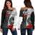 Tahiti Polynesian Women's Off Shoulder Sweater - Coat Of Arm With Hibiscus White Black - Polynesian Pride