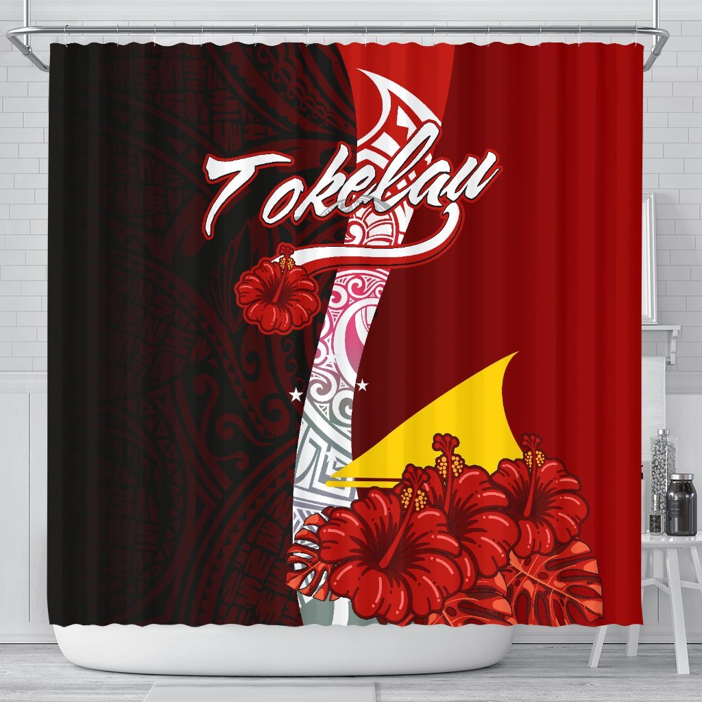 Tokelau Polynesian Shower Curtain - Coat Of Arm With Hibiscus 177 x 172 (cm) Red - Polynesian Pride