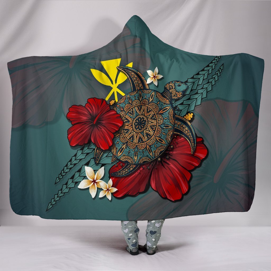 Kanaka Maoli (Hawaiian) Hooded Blanket - Blue Turtle Tribal Hooded Blanket - Polynesian Pride