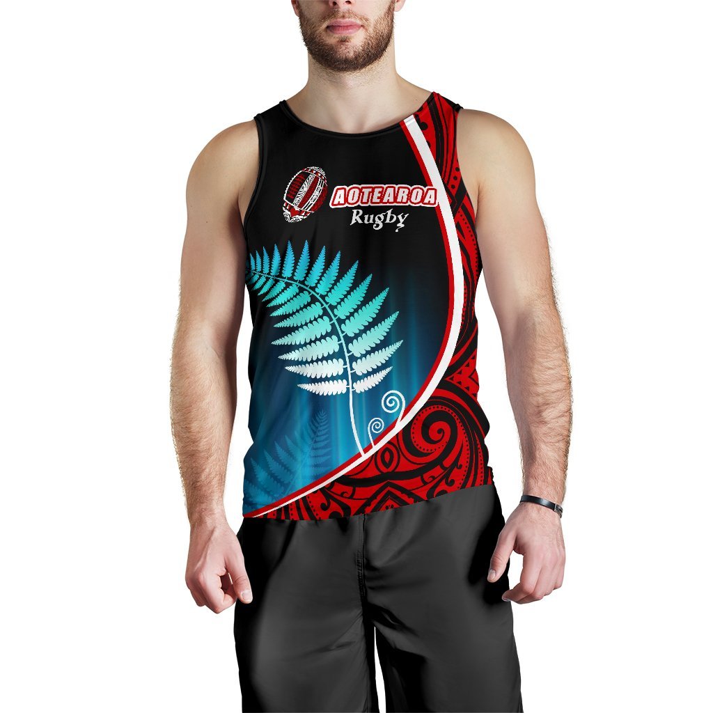 Aotearoa Rugby Black Maori Men Tank Top Kiwi and Silver Fern New Zealand Black - Polynesian Pride