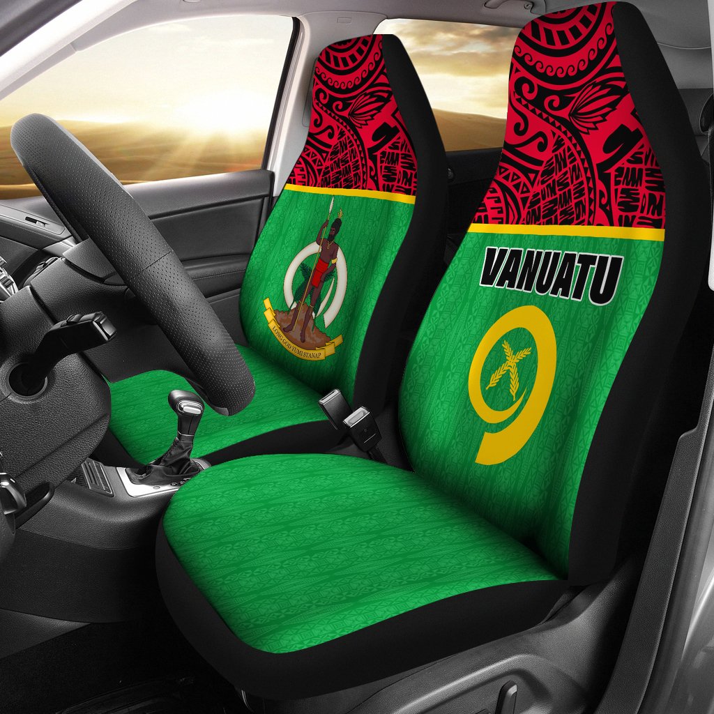 Vanuatu Car Seat Covers - Vanuatu Flag Coat Of Arms Melanesian Style Universal Fit Green - Polynesian Pride