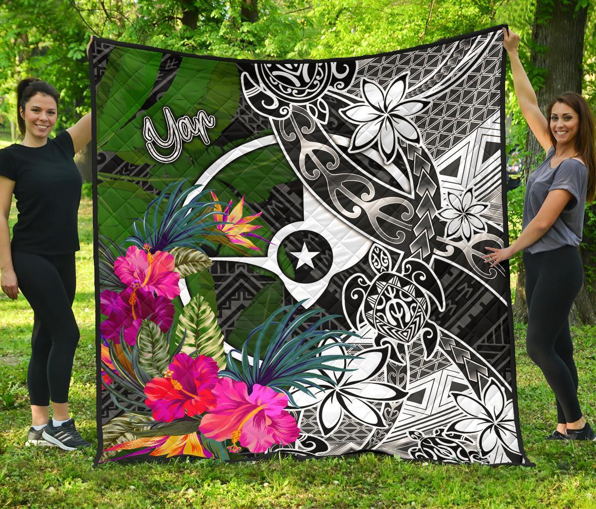 Yap Premium Quilt - Turtle Plumeria Banana Leaf Black - Polynesian Pride