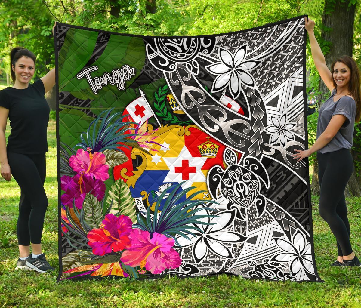 Tonga Premium Quilt - Turtle Plumeria Banana Leaf Black - Polynesian Pride