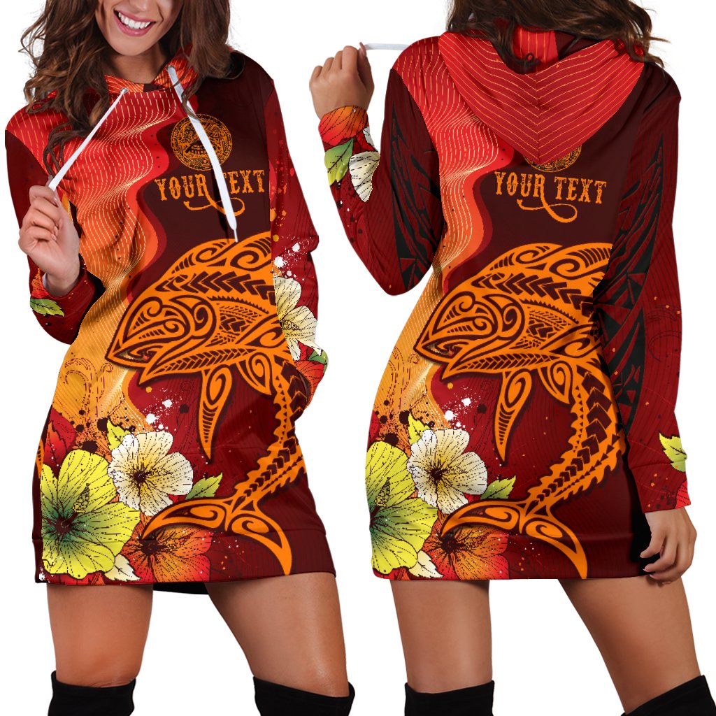 American Samoa Personalised Custom Women's Hoodie Dress - Tribal Tuna Fish Orange - Polynesian Pride