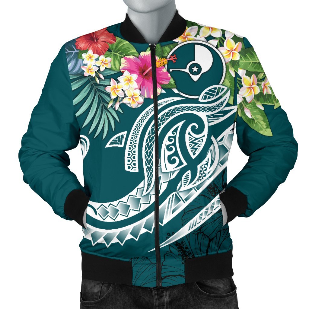 YAP Polynesian Men's Bomber Jacket - Summer Plumeria (Turquoise) Turquoise - Polynesian Pride