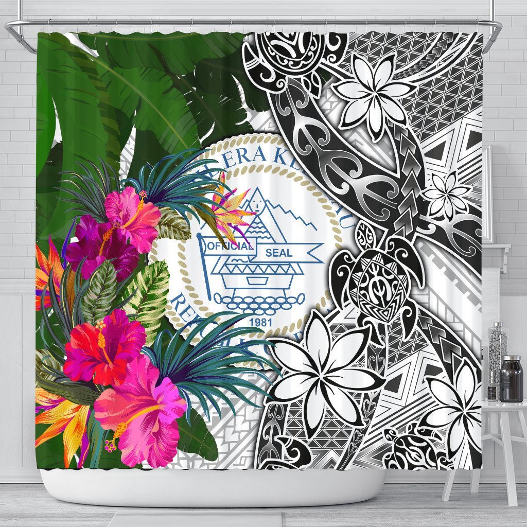 Palau Shower Curtain White - Turtle Plumeria Banana Leaf Crest 177 x 172 (cm) White - Polynesian Pride