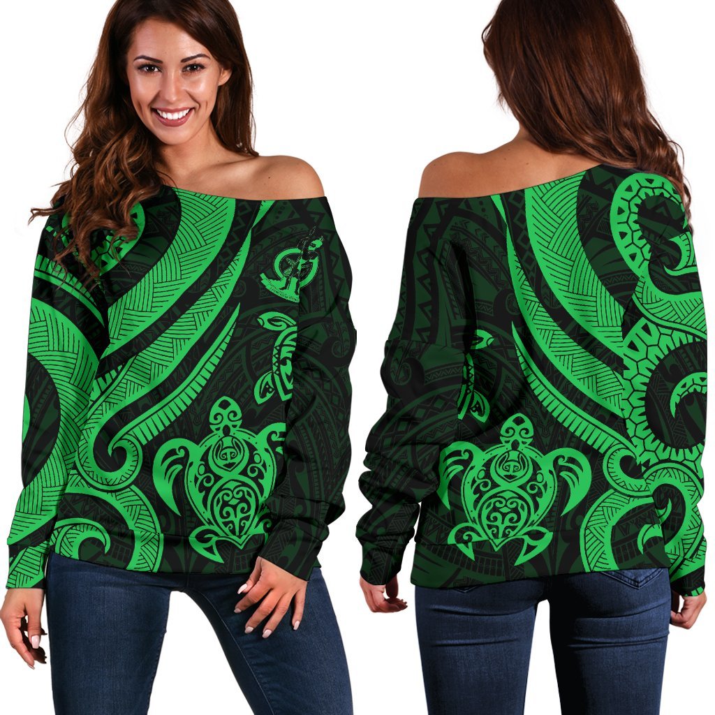 Vanuatu Women's Off Shoulder Sweater - Green Tentacle Turtle Green - Polynesian Pride