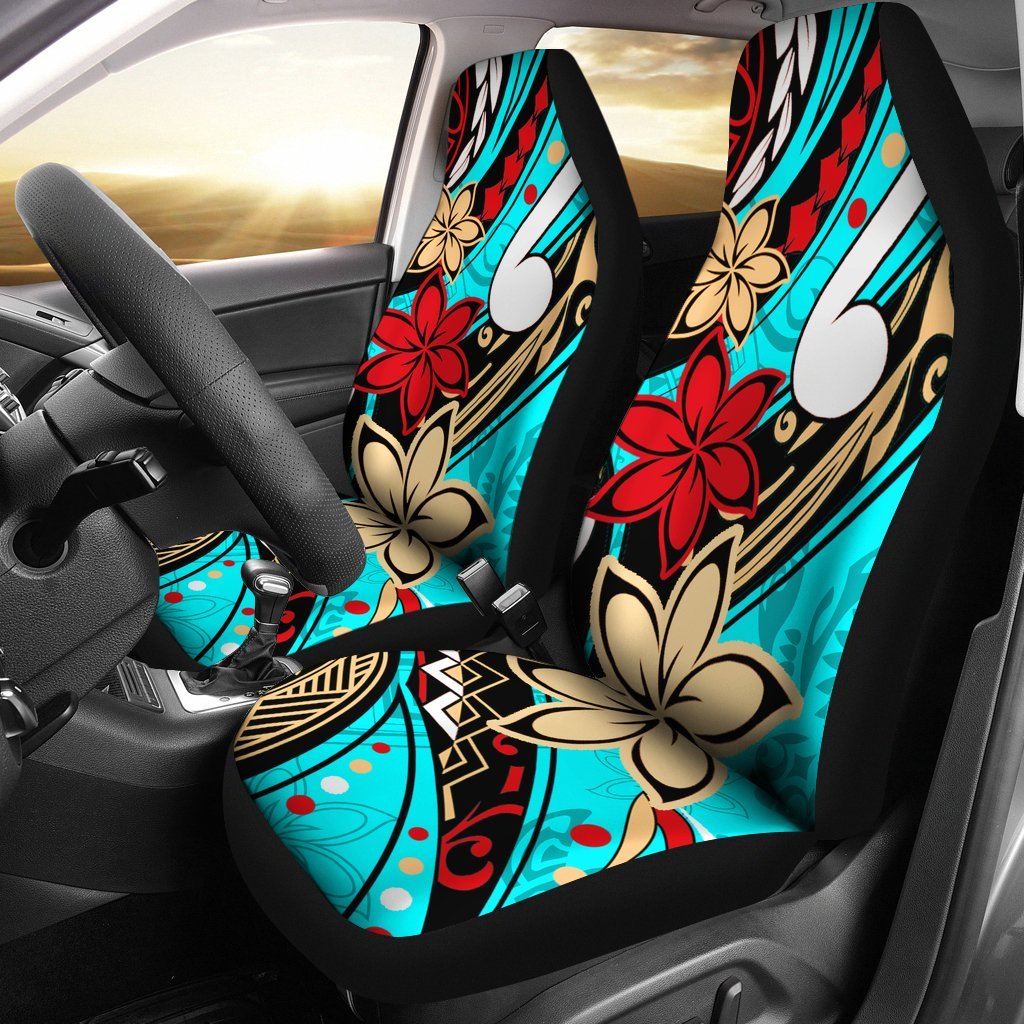 Polynesian Car Seat Covers - Tribal Flower With Special Turtles Blue Color Universal Fit Blue - Polynesian Pride