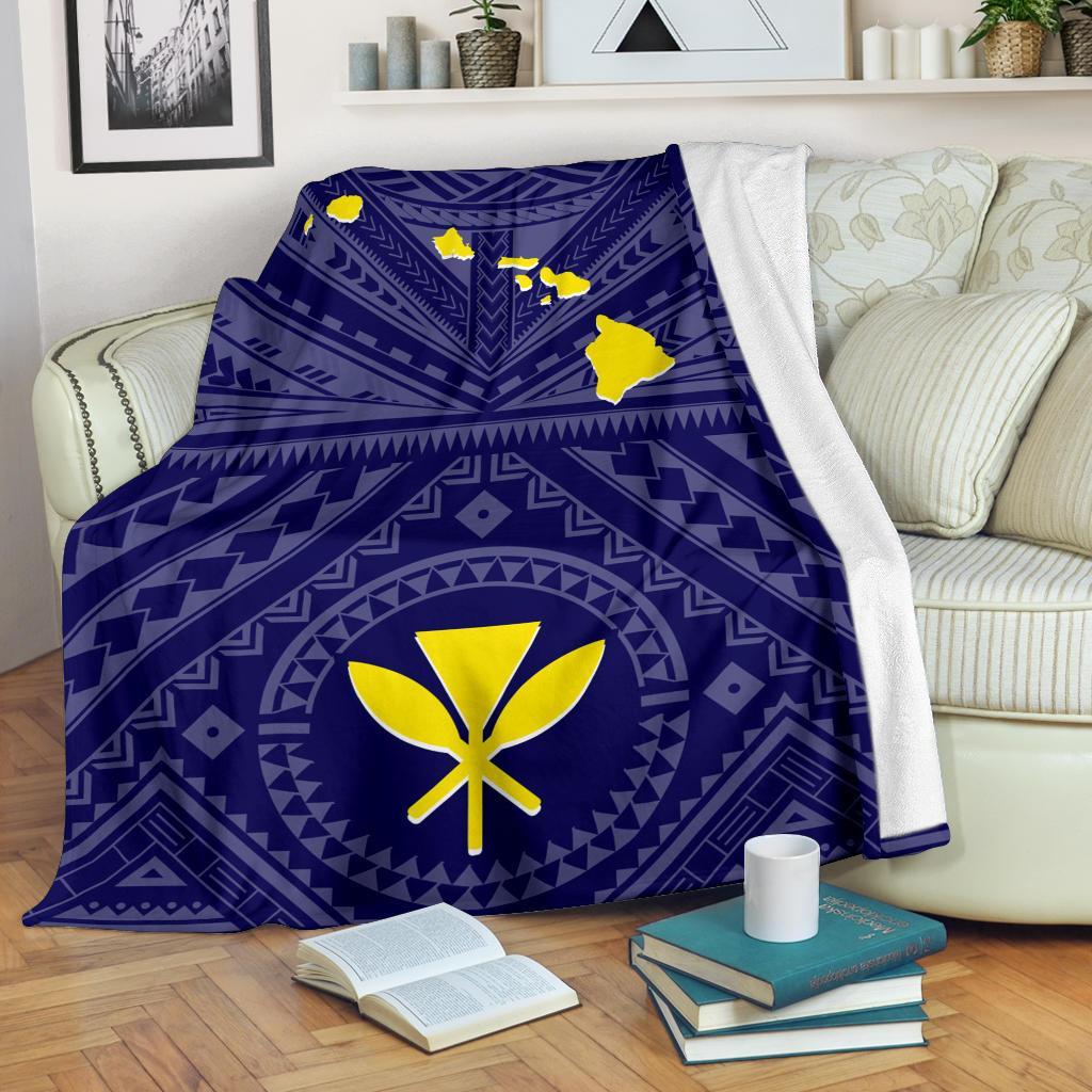 Hawaii Premium Blanket - Hawaii Kanaka Maoli And Map ( Blue) White - Polynesian Pride