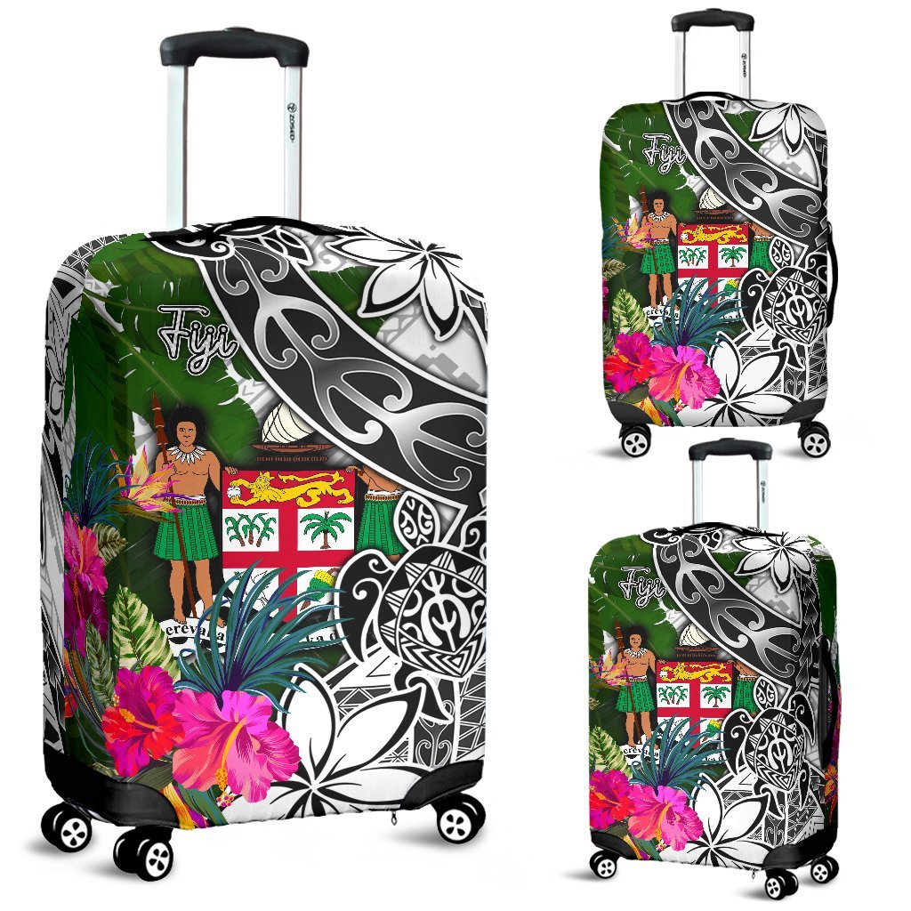 Fiji Luggage Covers White - Turtle Plumeria Banana Leaf Crest White - Polynesian Pride