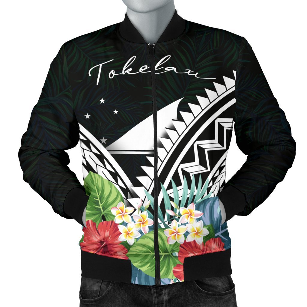 Tokelau Men's Bomber Jacket - Tokelau Caledonia Coat of Arms & Polynesian Tropical Flowers White White - Polynesian Pride