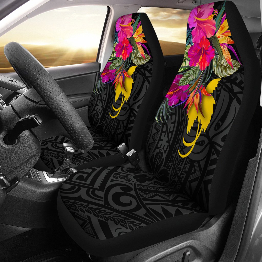 Papua New Guinea Car Seat Covers - Hibiscus Polynesian Pattern Universal Fit Black - Polynesian Pride