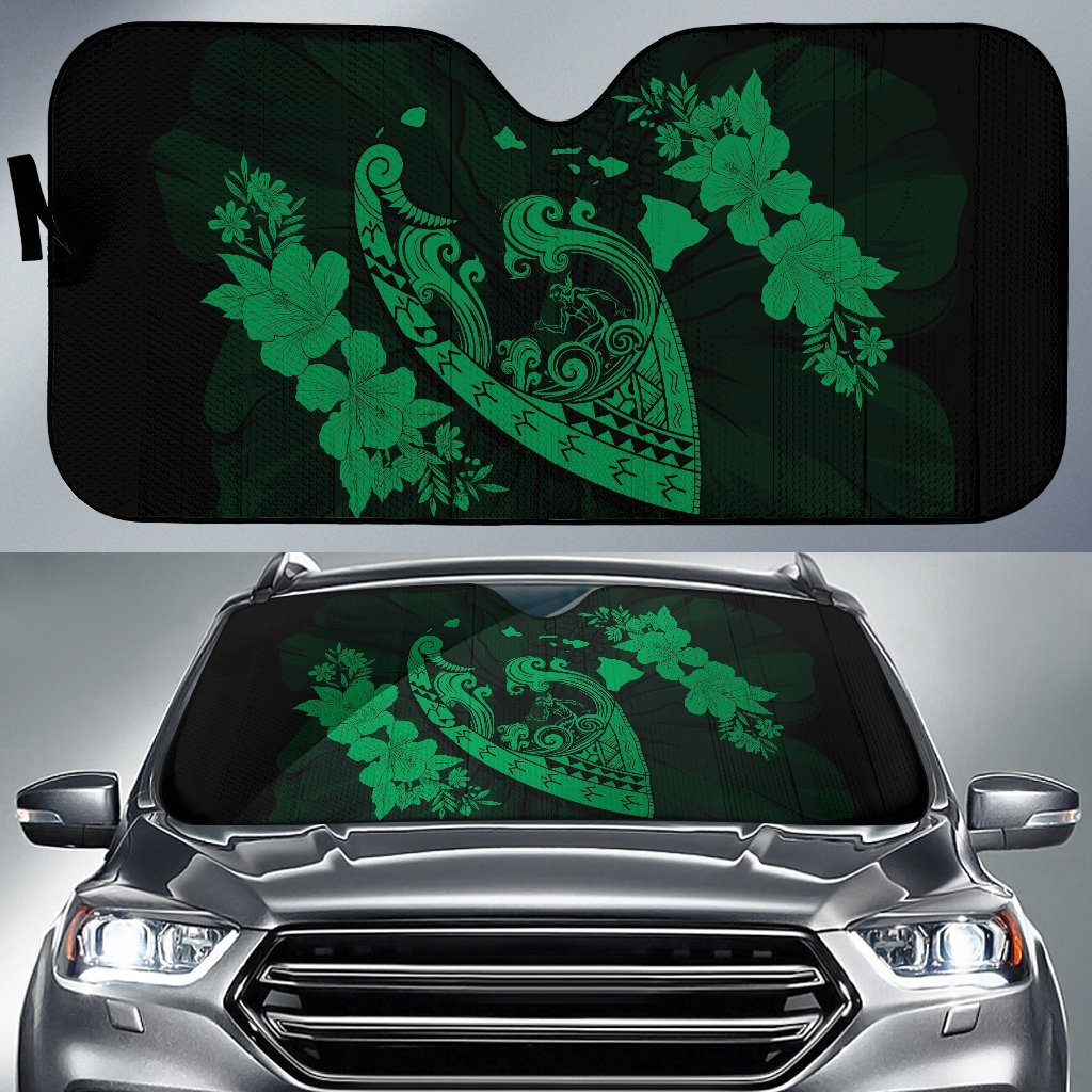 Hawaii Hibiscus Banzai Surfing Car Sun Shade - AH - Green Auto Sun Shade Universal Fit Green - Polynesian Pride