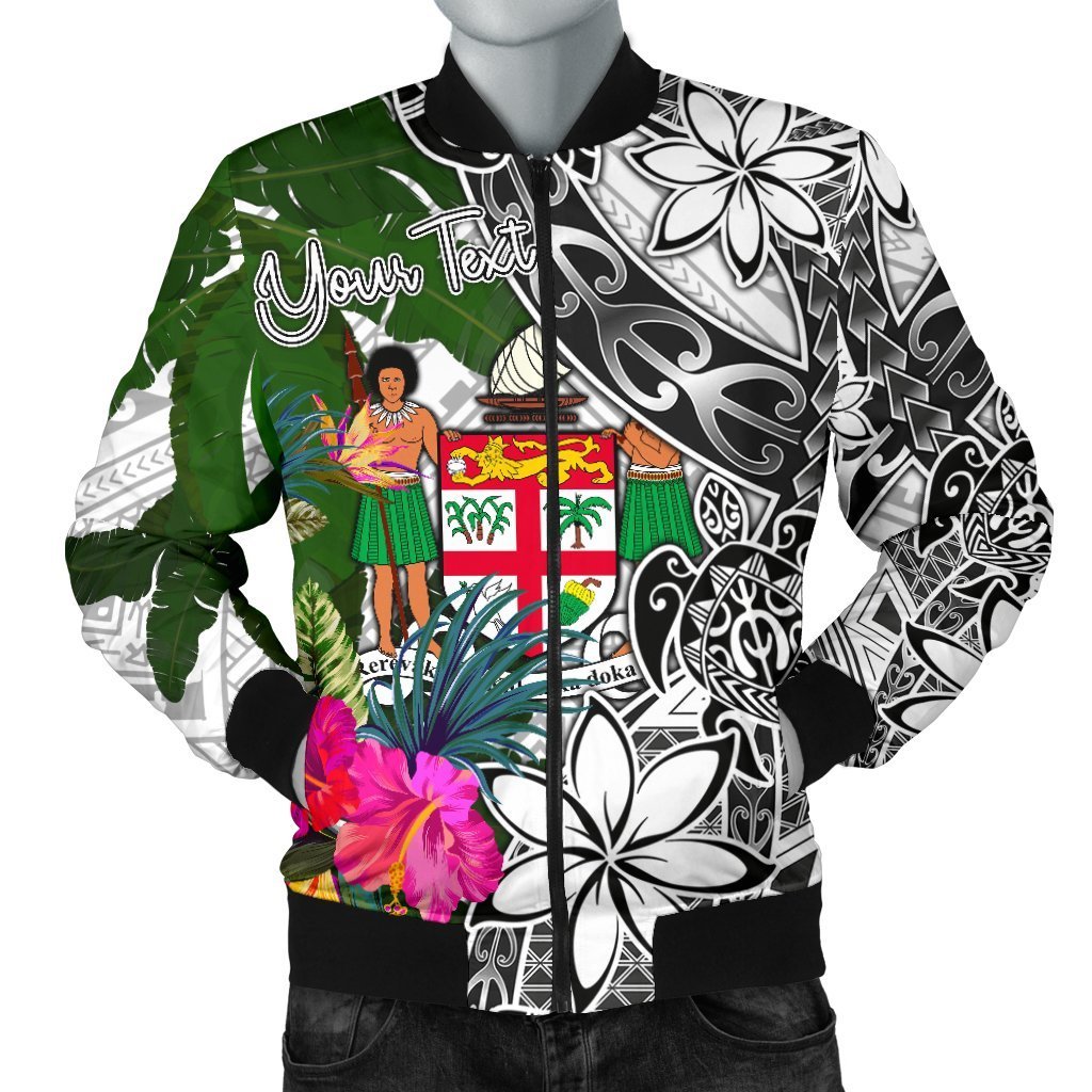 Fiji Custom Personalised Men's Bomber Jacket White - Turtle Plumeria Banana Leaf Crest White - Polynesian Pride