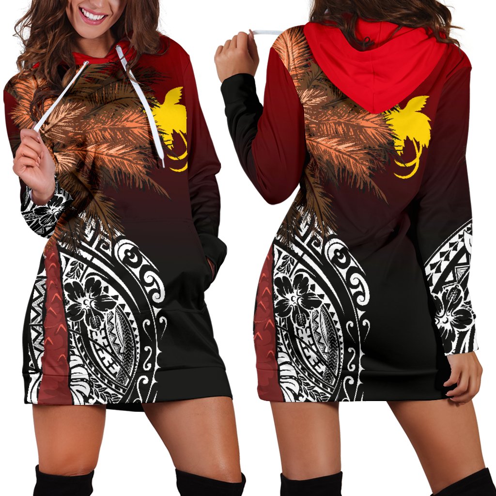 Papua New Guinea Women's Hoodie Dress Polynesian Palm Tree Flag Black - Polynesian Pride