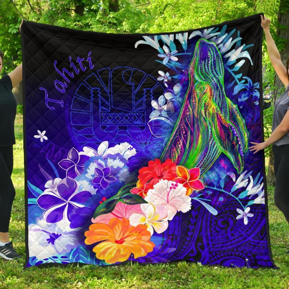 Tahiti Premium Quilt - Humpback Whale with Tropical Flowers (Blue) Blue - Polynesian Pride