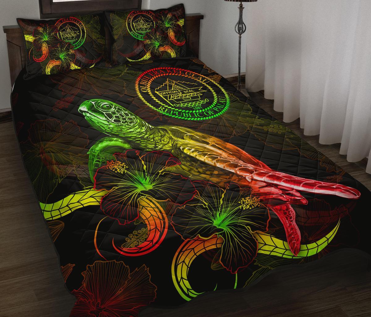 Palau Polynesian Quilt Bed Set - Turtle With Blooming Hibiscus Reggae Art - Polynesian Pride