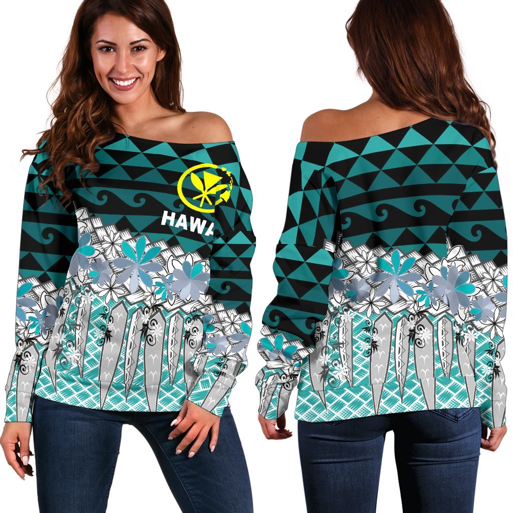 Hawaii Women's Off Shoulder Sweaters - Coconut Leaves Weave Pattern Blue Blue - Polynesian Pride