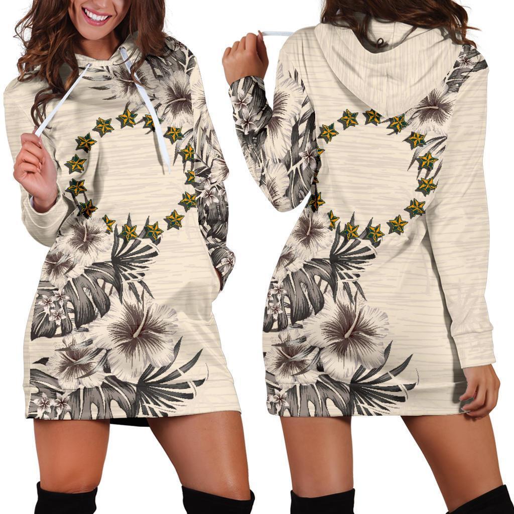 Cook Islands Hoodie Dress - Cook Islands Flag & Beige Hibiscus White - Polynesian Pride