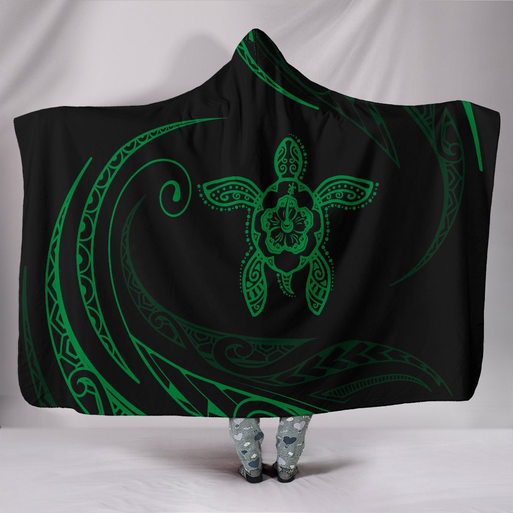 Hawaii Turtle Hibicus Hooded Blanket - Green - Frida Style Hooded Blanket Green - Polynesian Pride