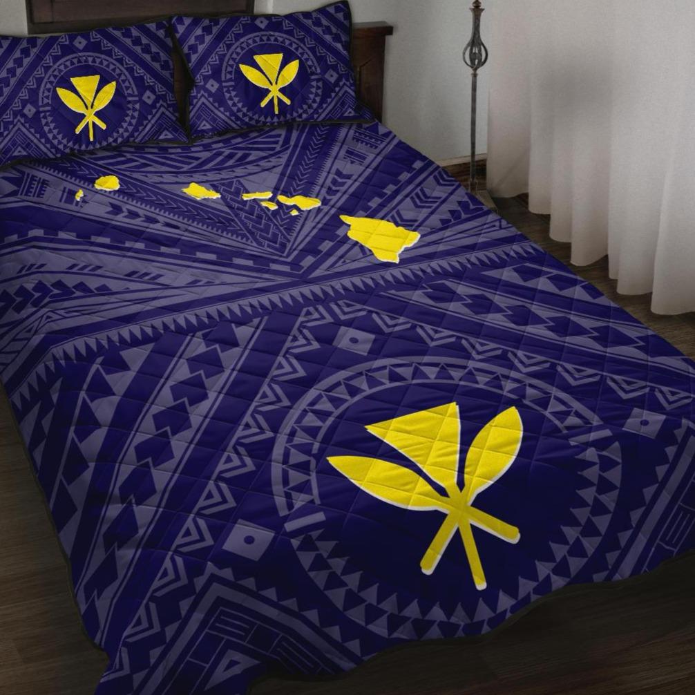 Hawaii Quilt Bed Set - Hawaii Kanaka Maoli And Map ( Blue) Blue - Polynesian Pride