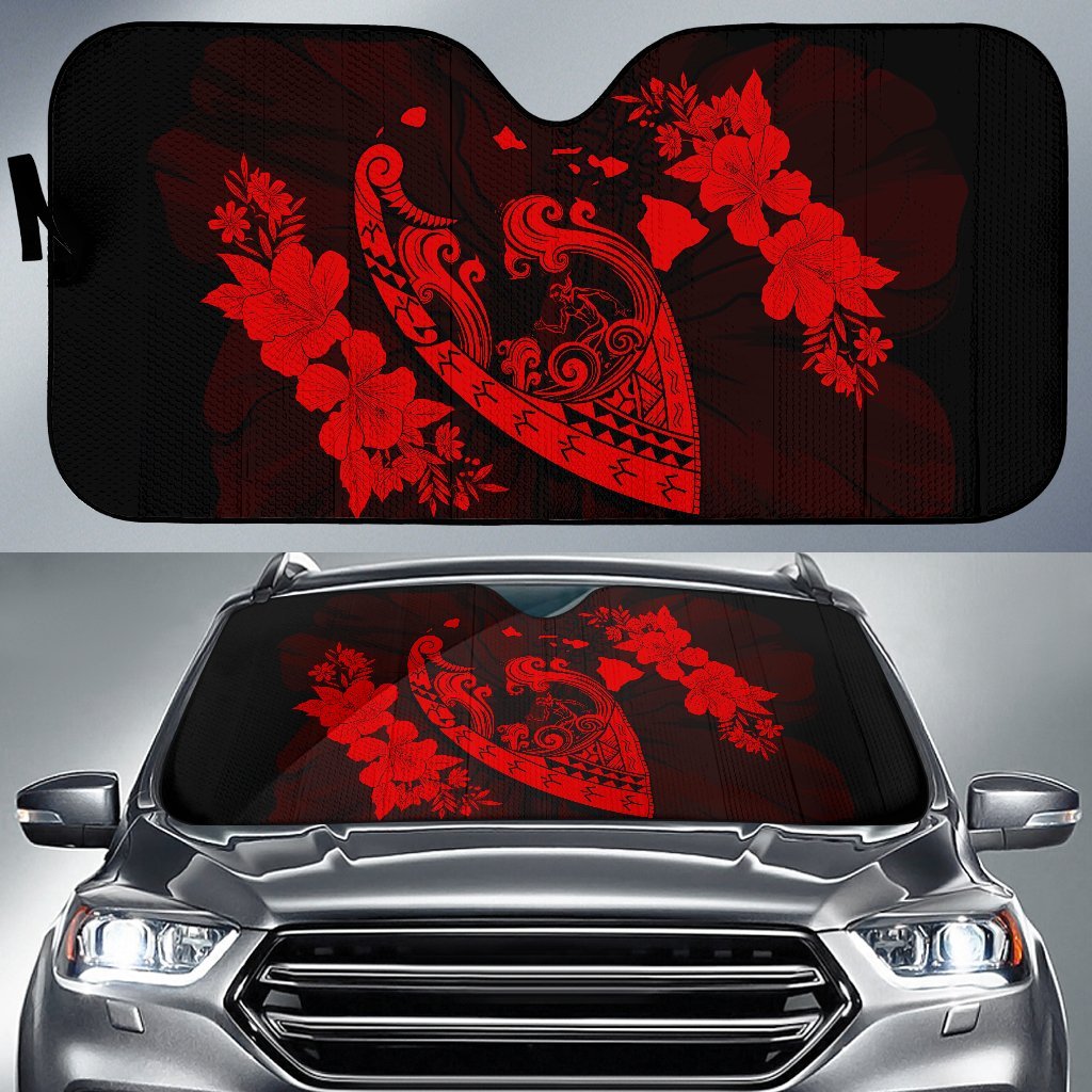 Hawaii Hibiscus Banzai Surfing Car Sun Shade - AH - Red Auto Sun Shade Universal Fit Red - Polynesian Pride