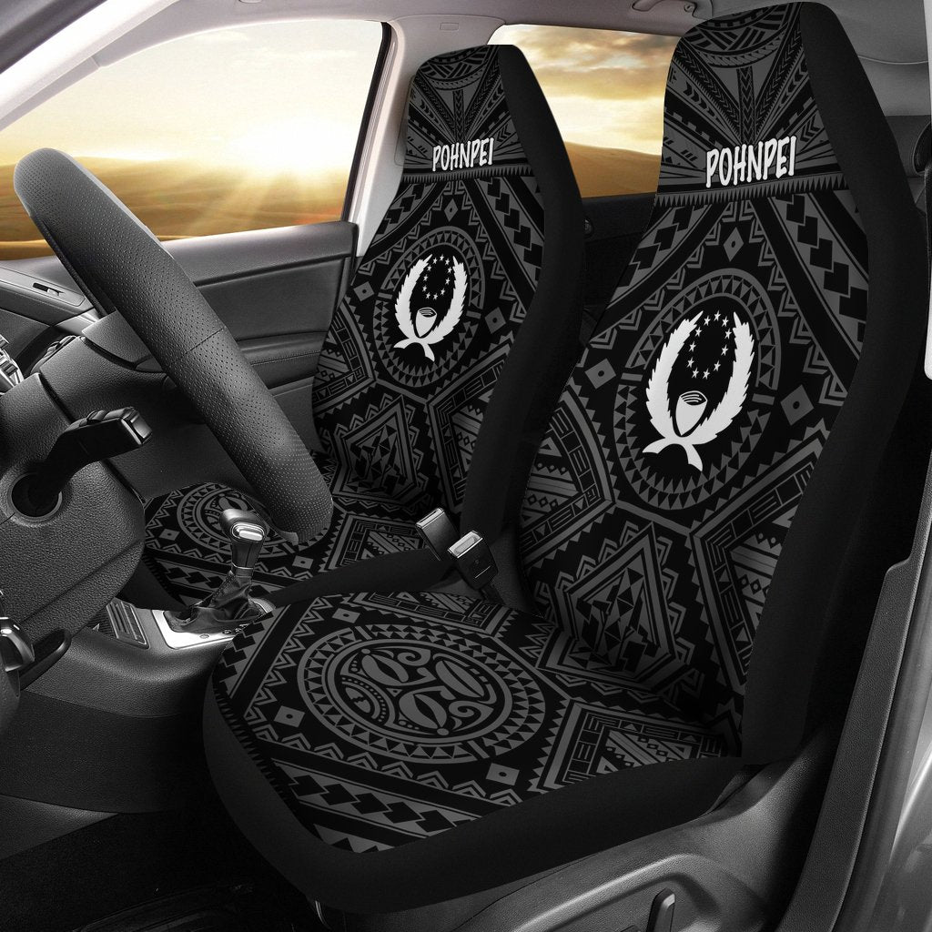 Pohnpei Car Seat Covers - Pohnpei Seal With Polynesian Tattoo Style ( Black) Universal Fit Black - Polynesian Pride