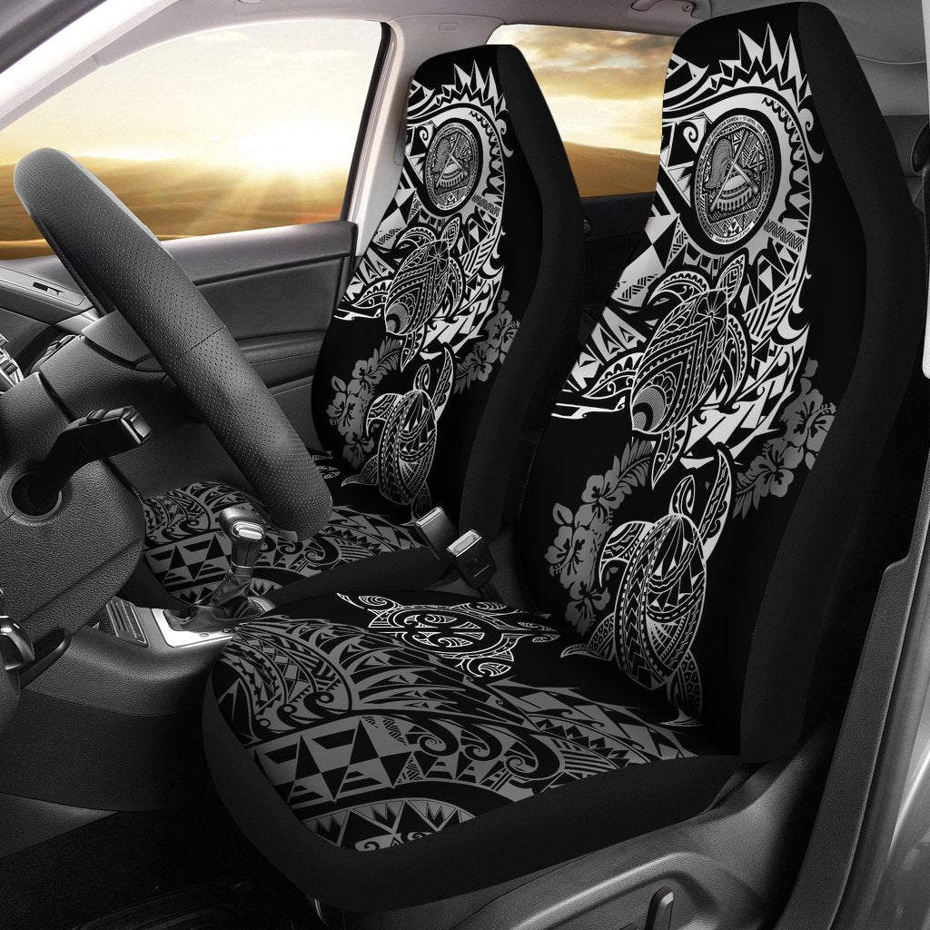 American Samoa Car Seat Covers - American Samoa Seal Turtle Gray Hibiscus Flowing Universal Fit Black - Polynesian Pride