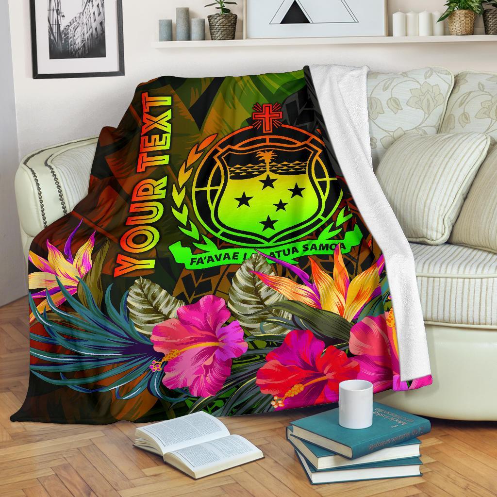 Samoa Polynesian Personalised Premium Blanket - Hibiscus and Banana Leaves White - Polynesian Pride