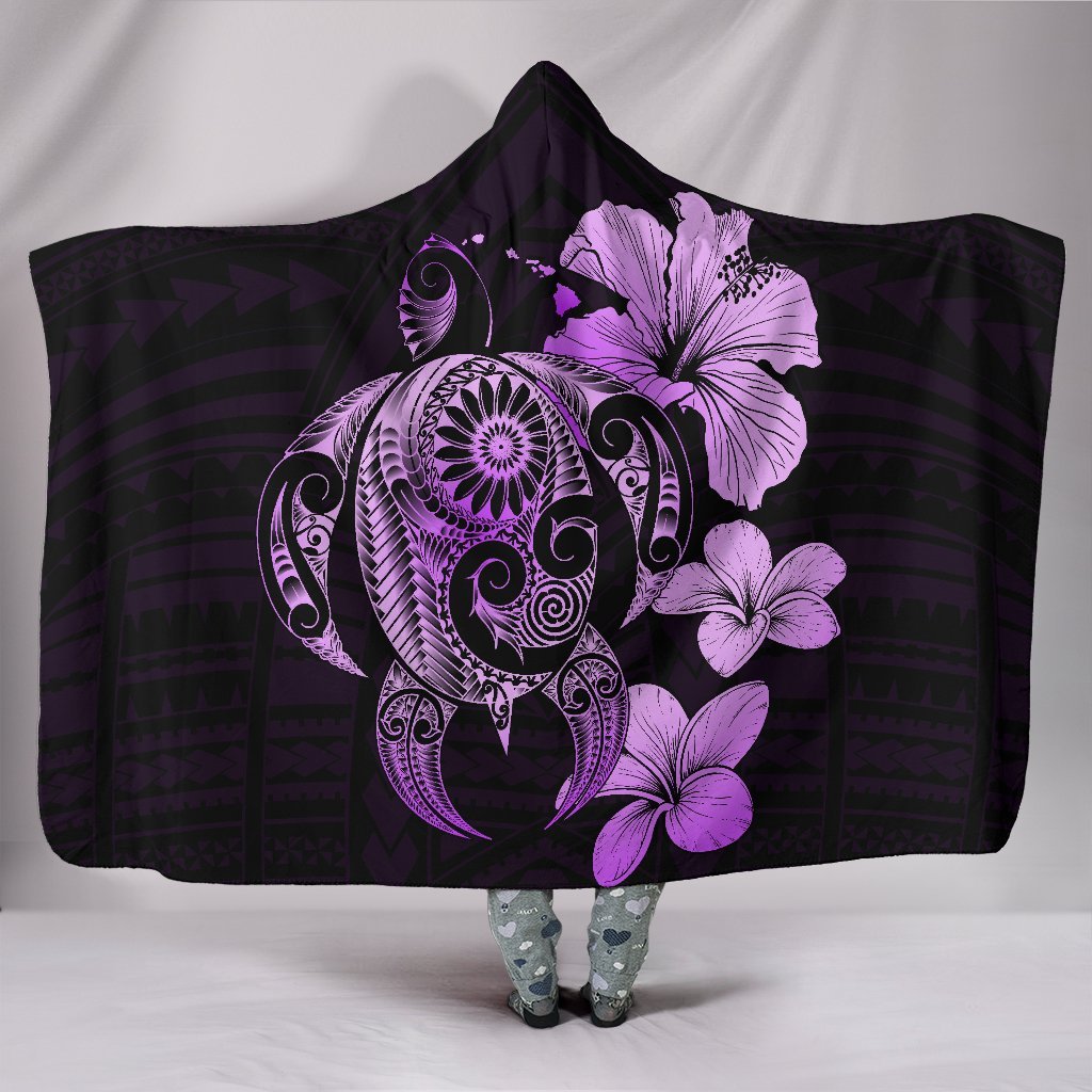 Hibiscus Plumeria Mix Polynesian Violet Turtle Hooded Blanket Hooded Blanket Youth 60"x45" Violet - Polynesian Pride