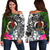 Vanuatu Off Shoulder Sweater - Turtle Plumeria Banana Leaf Black - Polynesian Pride