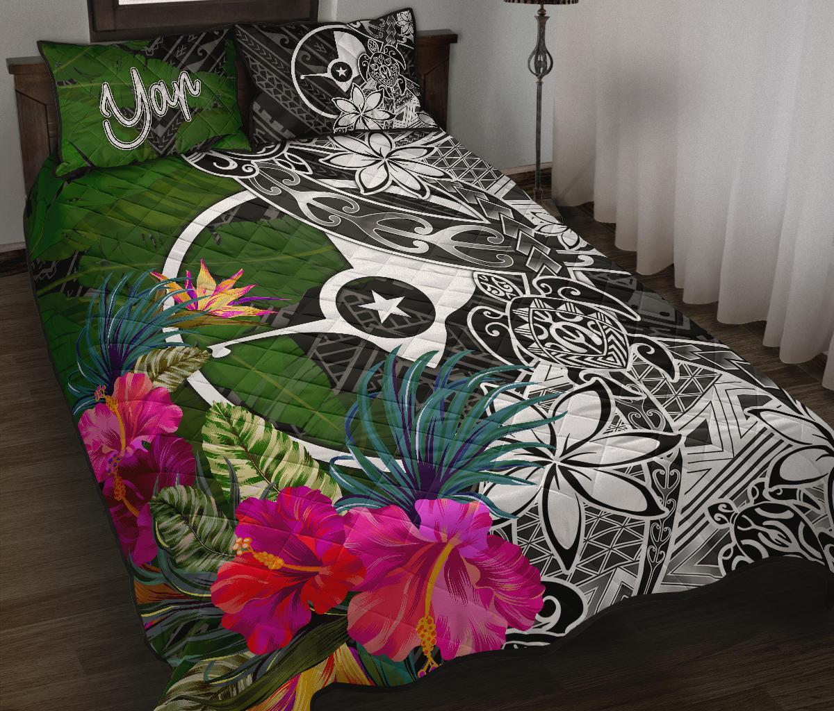 Yap Quilt Bed Set - Turtle Plumeria Banana Leaf Black - Polynesian Pride