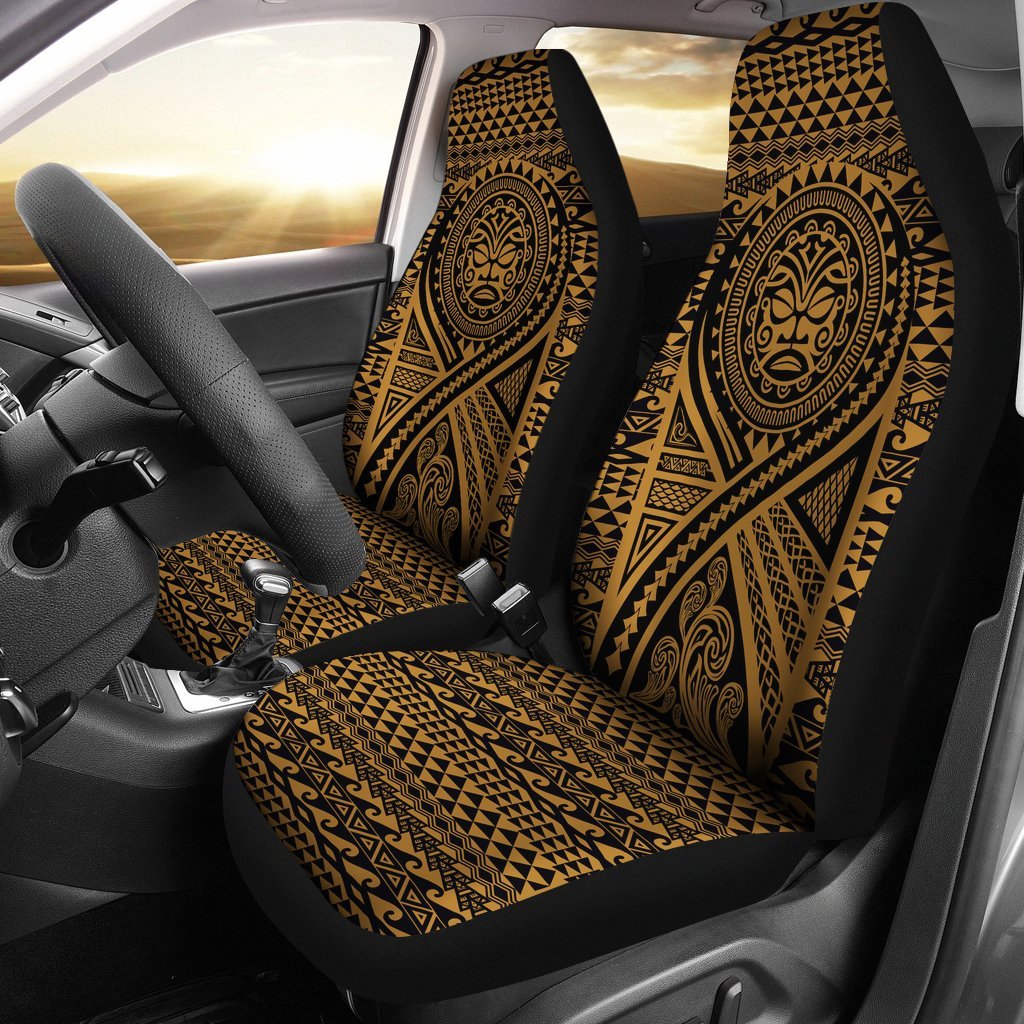 Hawaii Car Seat Covers - Tiki Face Tattoo Gold Universal Fit Gold - Polynesian Pride