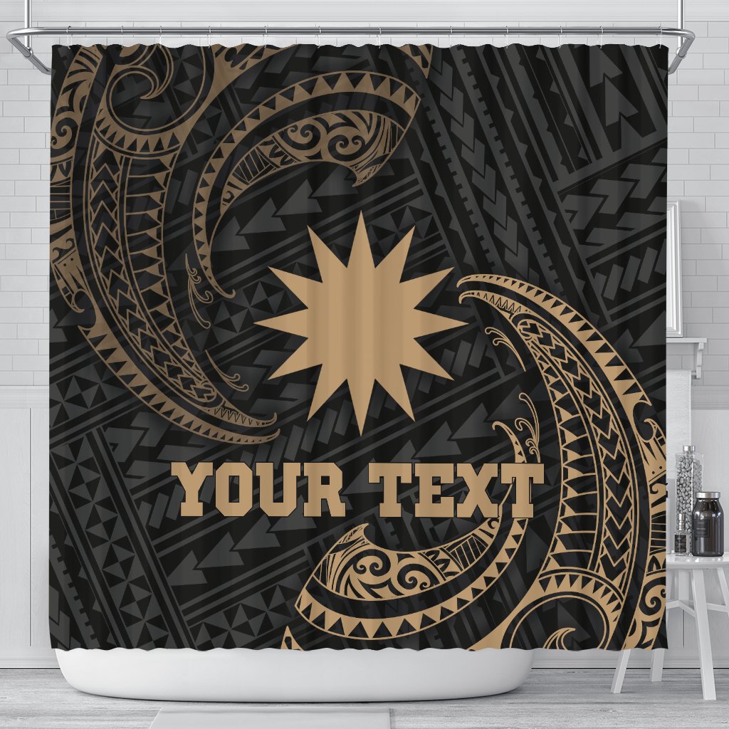 Nauru Polynesian Custom Personalised Shower Curtain - Gold Tribal Wave 177 x 172 (cm) Black - Polynesian Pride