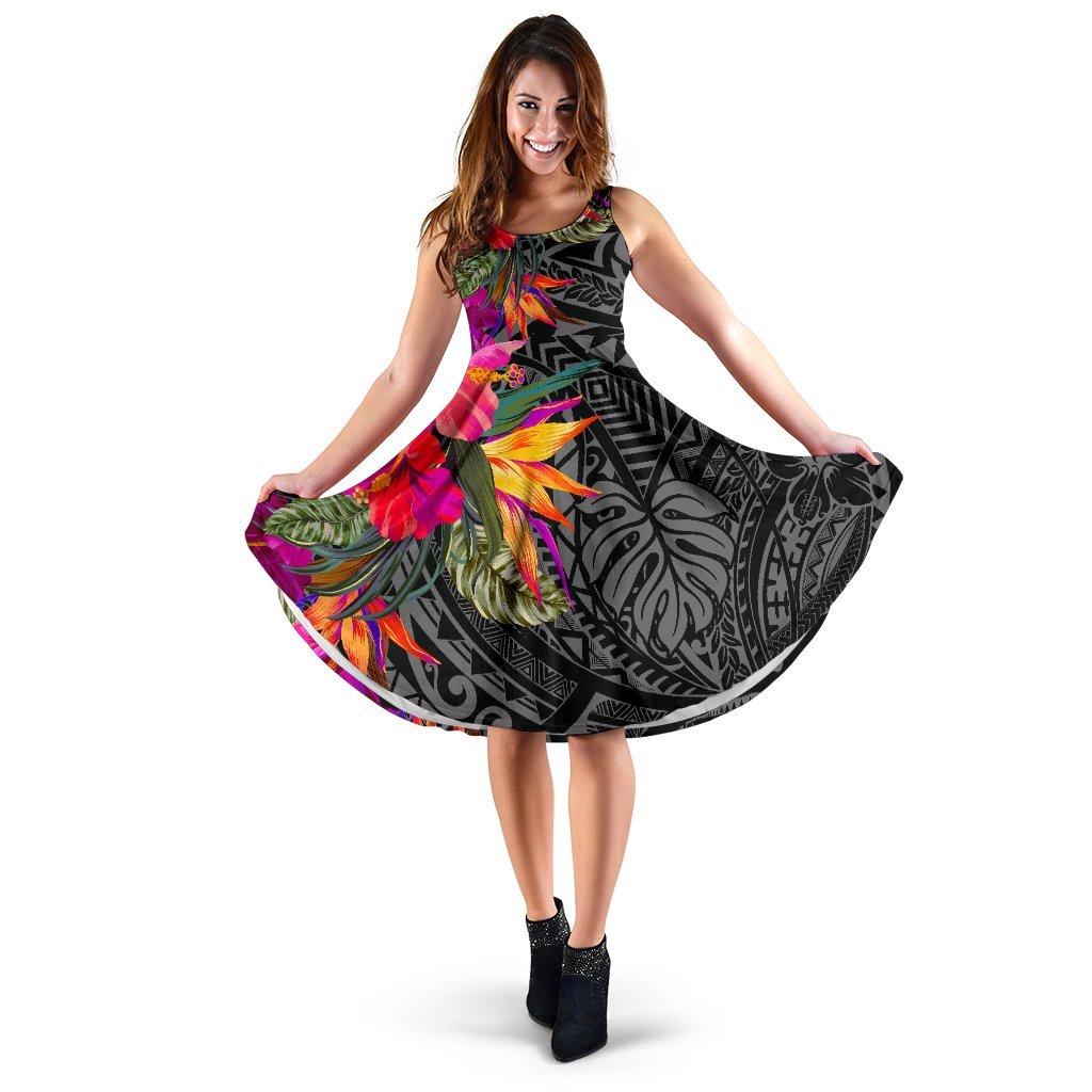 Polynesian Midi Dress - Hibiscus Pattern Women Black - Polynesian Pride