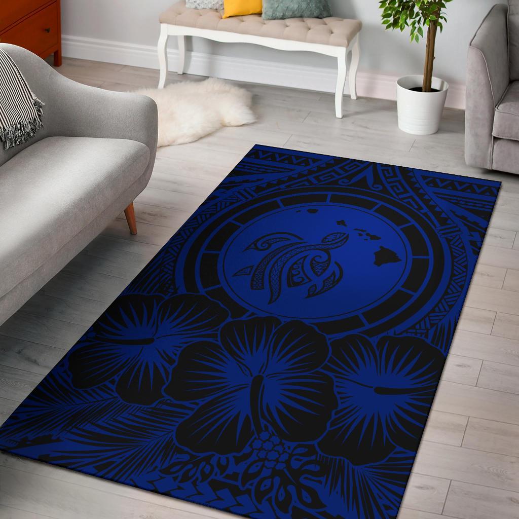 Hawaii Map Honu Hibiscus Polynesian Area Rug AH Rug Blue - Polynesian Pride