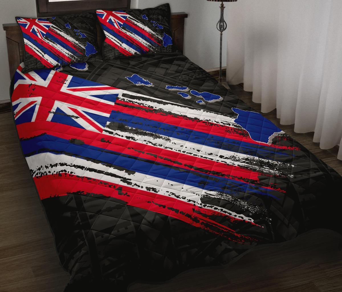 Hawaii Flag Polynesian Quilt Bed Set Black Art - Polynesian Pride