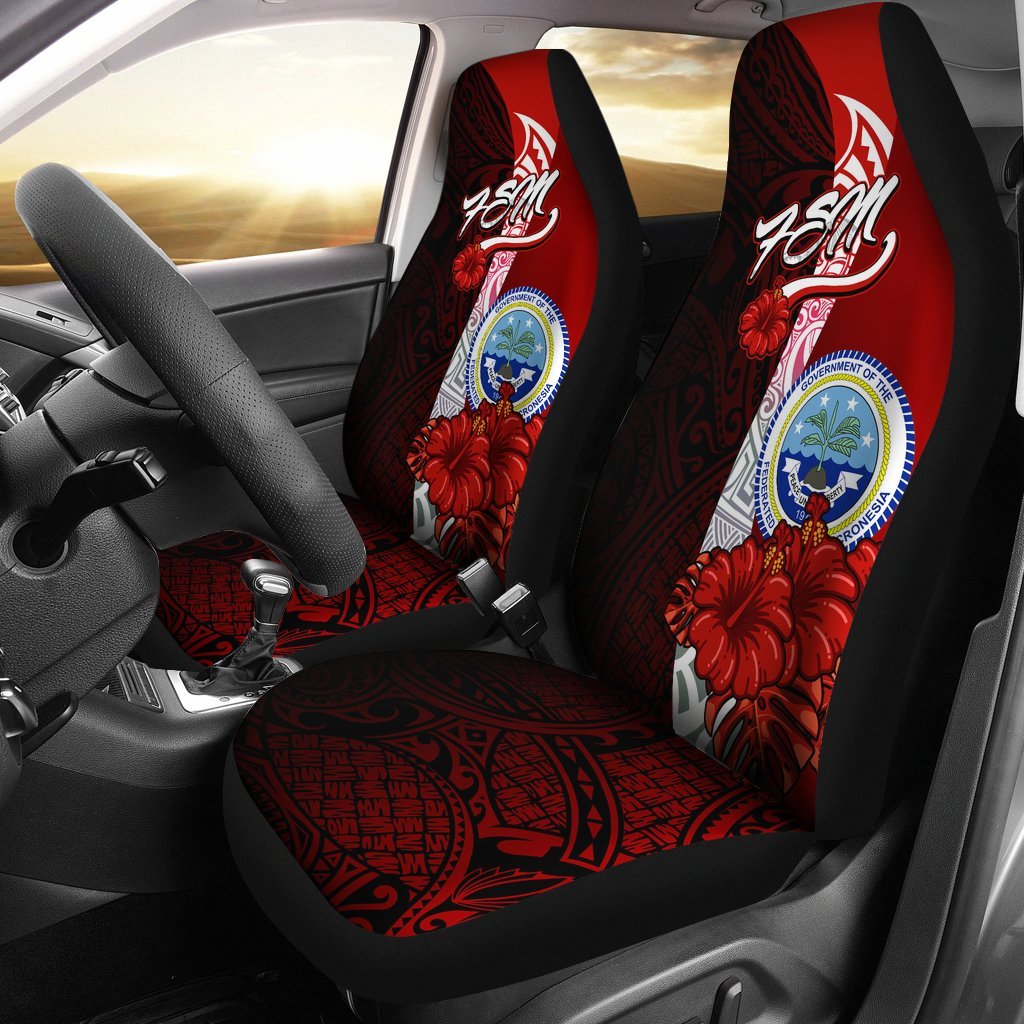 Federated States Of Micronesia Car Seat Covers - Coat Of Arm With Hibiscus Universal Fit Red - Polynesian Pride