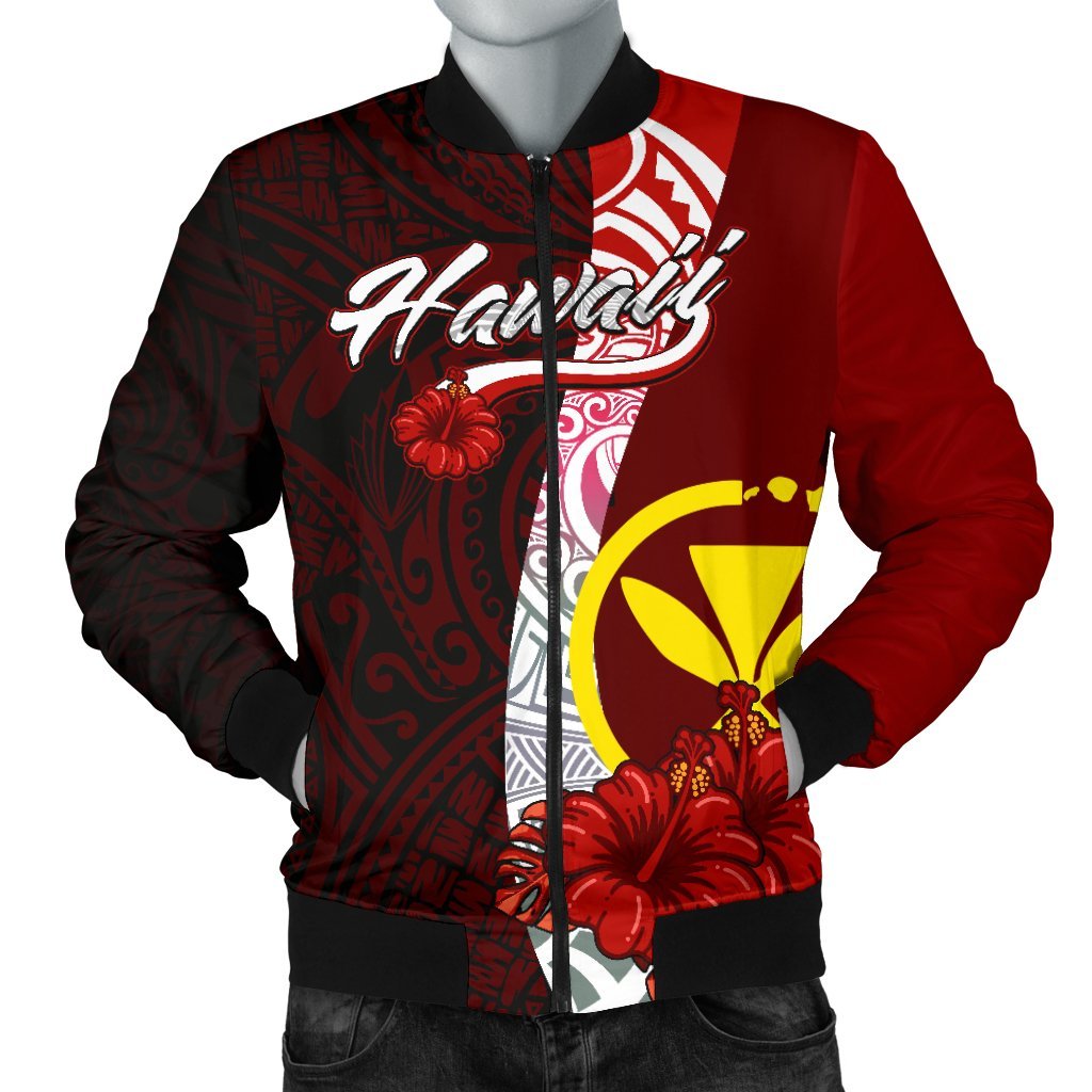 Hawaii Polynesian Men's Bomber Jacket - Coat Of Arm With Hibiscus Red - Polynesian Pride