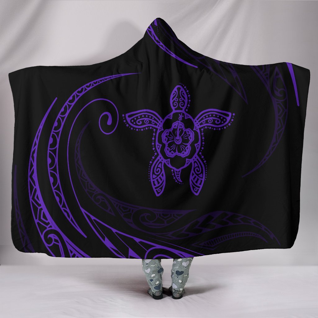 Hawaii Turtle Hibicus Hooded Blanket - Purple - Frida Style Hooded Blanket Purple - Polynesian Pride