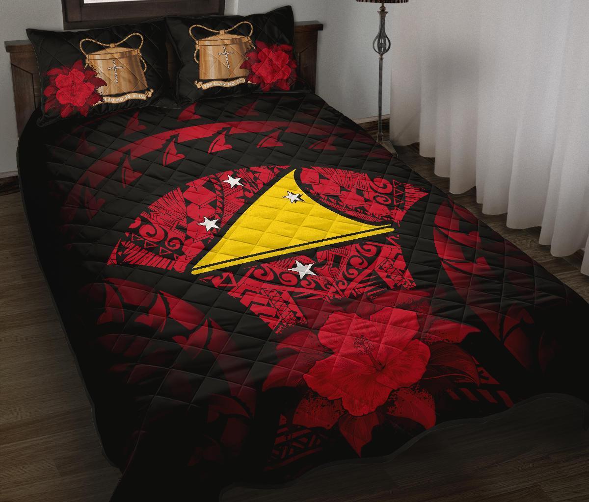 Tokelau Polynesian Quilt Bed Set Hibiscus Red Black - Polynesian Pride